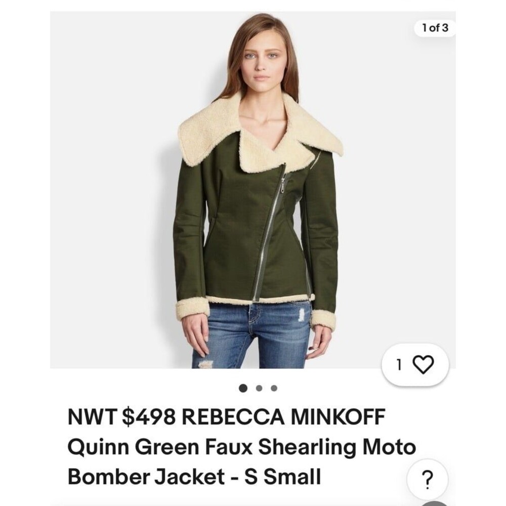 REBECCA MINKOFF Quinn Green Faux Shearling Moto Bomber Jacket NWOT - Picture 3 of 7